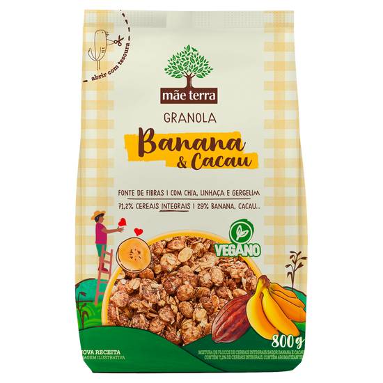 Mãe terra granola vegana com grãos integrais sabor banana & cacau (800g)