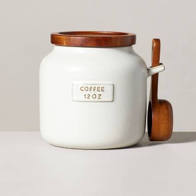 Hearth & Hand Stoneware Coffee Canister With Wood Lid & Scoop, Cream/Brown