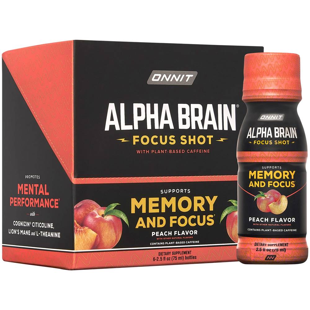 Alpha Brain Focus Shot - Memory Support With Lion'S Mane & Cognizin Citicoline - Peach (2.5 Fl. Oz. / 6 Shots)
