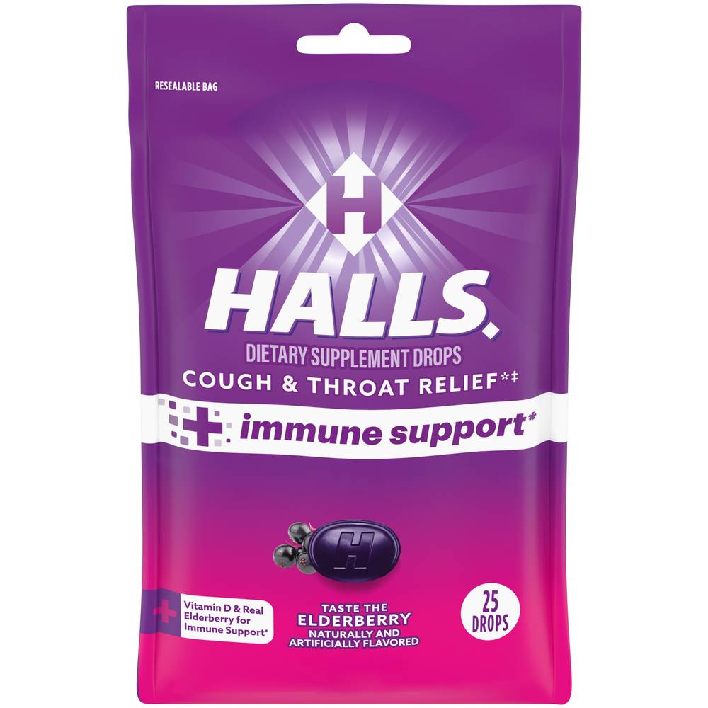 Halls Cough and Throat Relief + Immune Support Drops, Elderberry (25 ct)