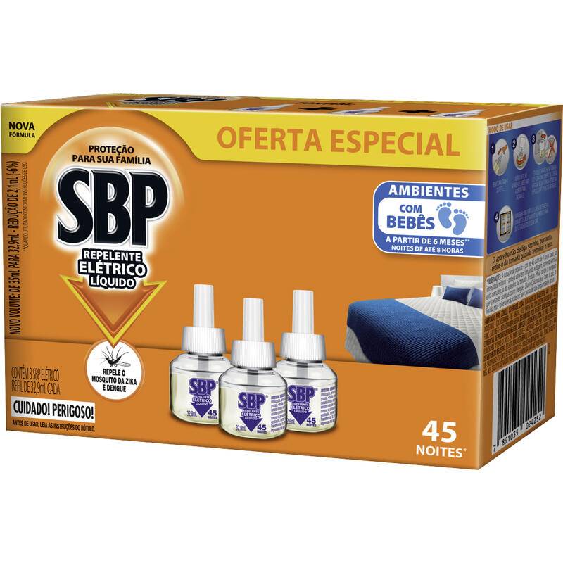 Sbp kit refil repelente elétrico líquido 45 noites (3 un, 35 ml)