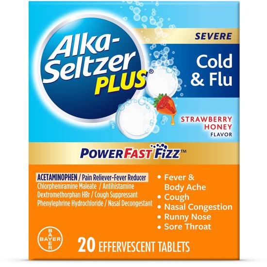 Alka-Seltzer Plus Powerfast Fizz, Severe Cold & Flu Medicine, Strawberry Honey Effervescent Tablets, 20 CT
