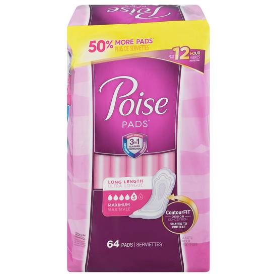 Poise Womens Long Length Maximum Absorbency Pads (64 ct)
