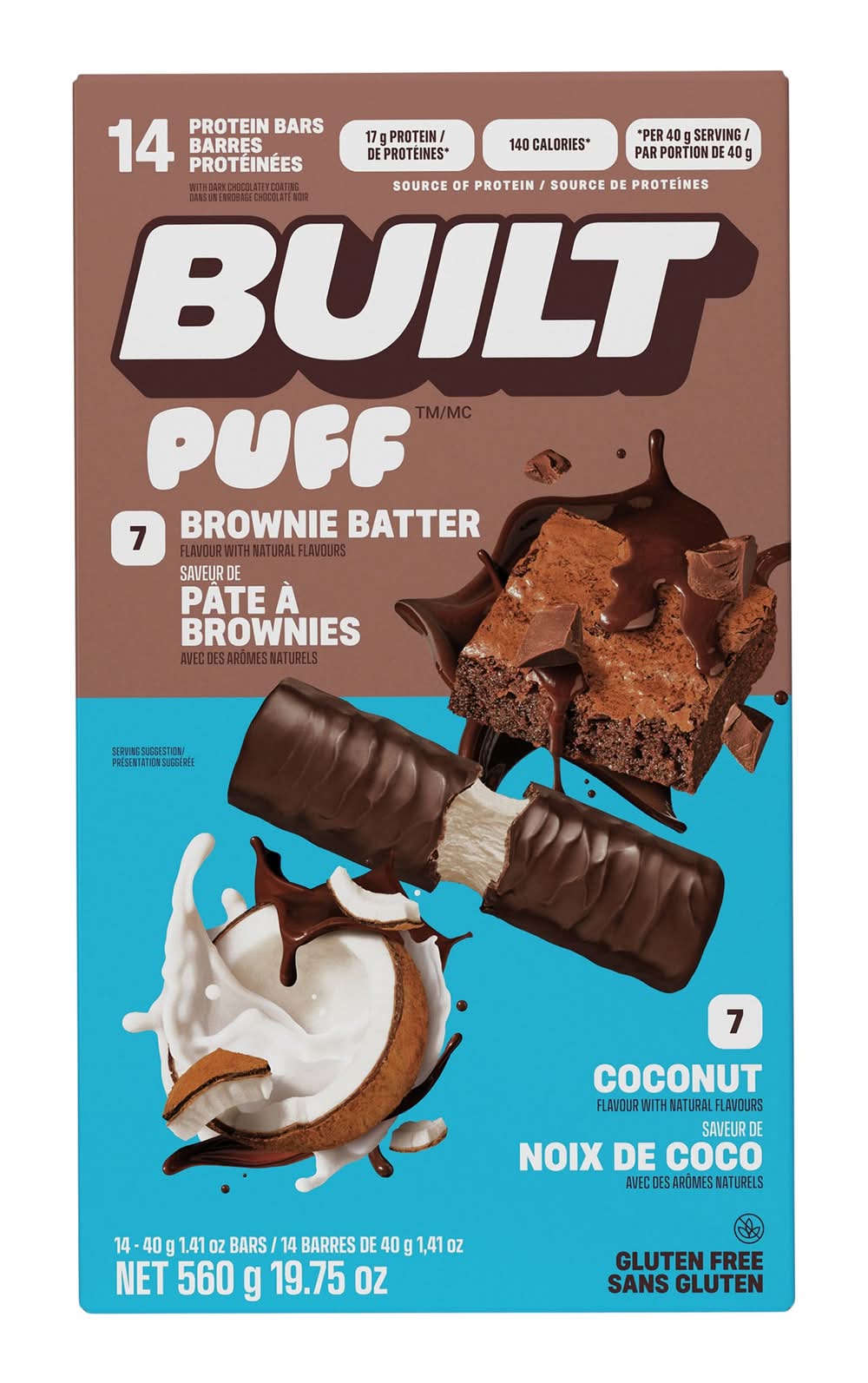Built Puff - Barres Pâte À Brownie Et Noix De Coco, 14 × 40 G / Built Puff Brownie And Coconut Bar, 14 × 40 G