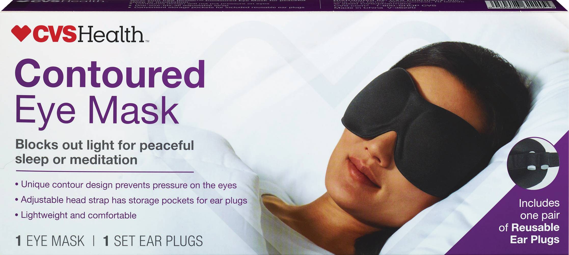 CVS Health Contoured Eye Mask + One Pair Of Ear Plugs, Black