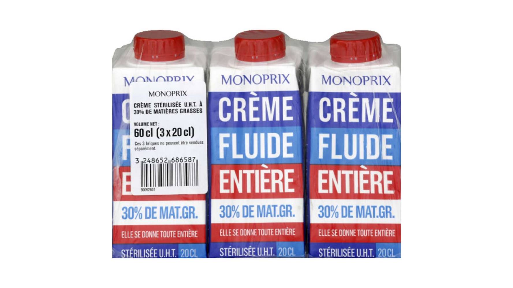 Monoprix Crème fluide entière 30% MG Les 3 briques de 20 cl