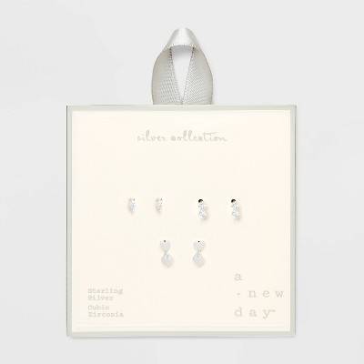 Sterling Silver Marquise Double Cubic Zirconia Mini Heart Dangle Stud Earrings 3pc - A New Day™ Silver: Nickel-Free Metal