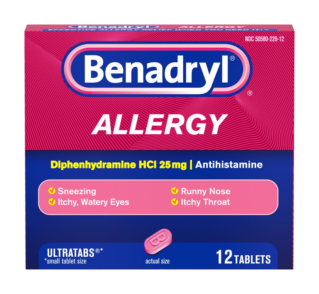 Benadryl Diphenhydramine Hcl Antihistamine 25 mg Allergy Relief Tablets (12 ct)