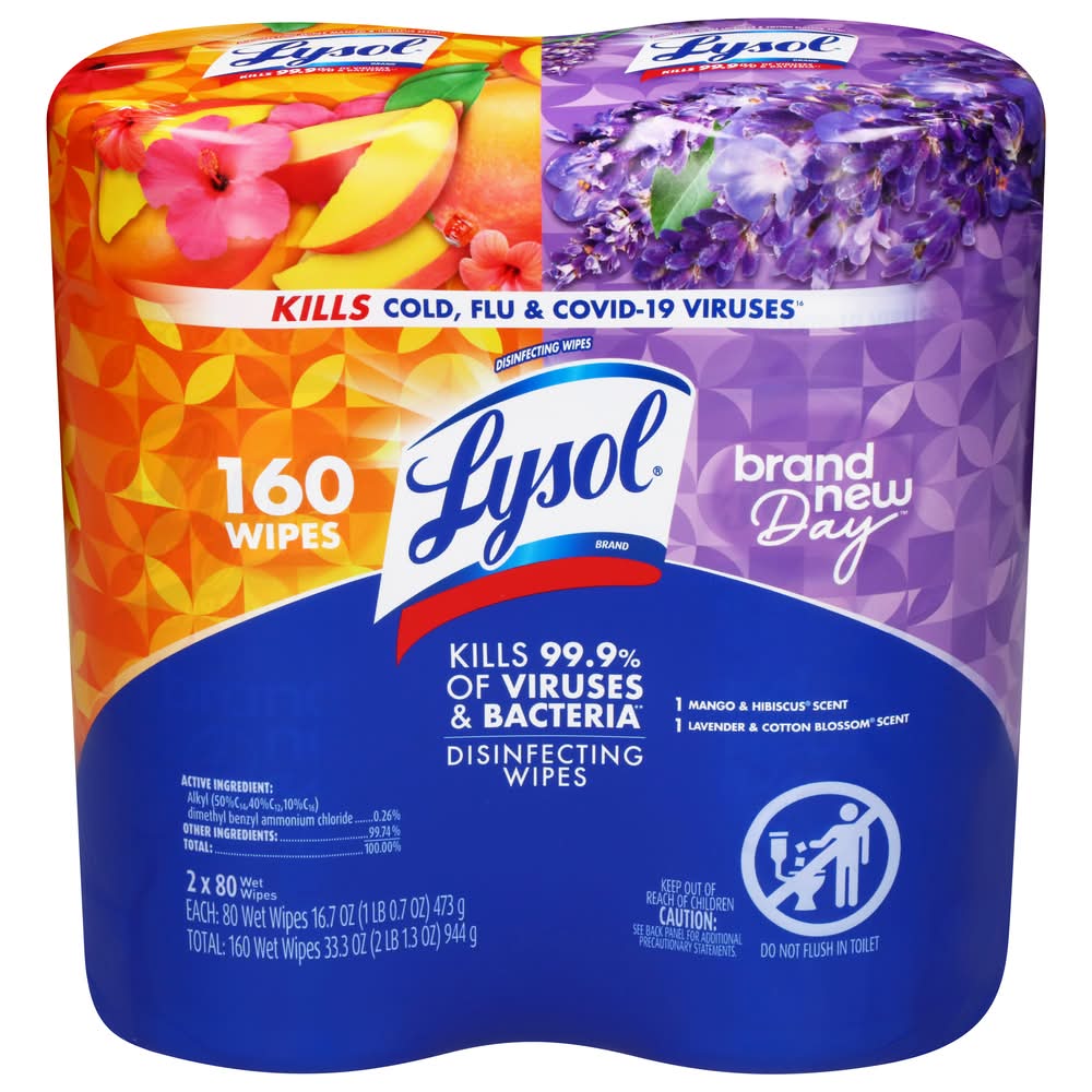Lysol Brand New Day Disinfecting Wipes, Mango & Hibiscus-Lavender & Cotton Blossom (2 x 80 ct)