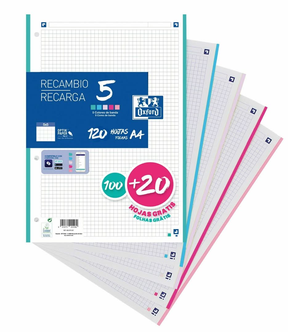 Recarga A4 100+20 folhas 90g Quadriculado 5 Cores Pastel