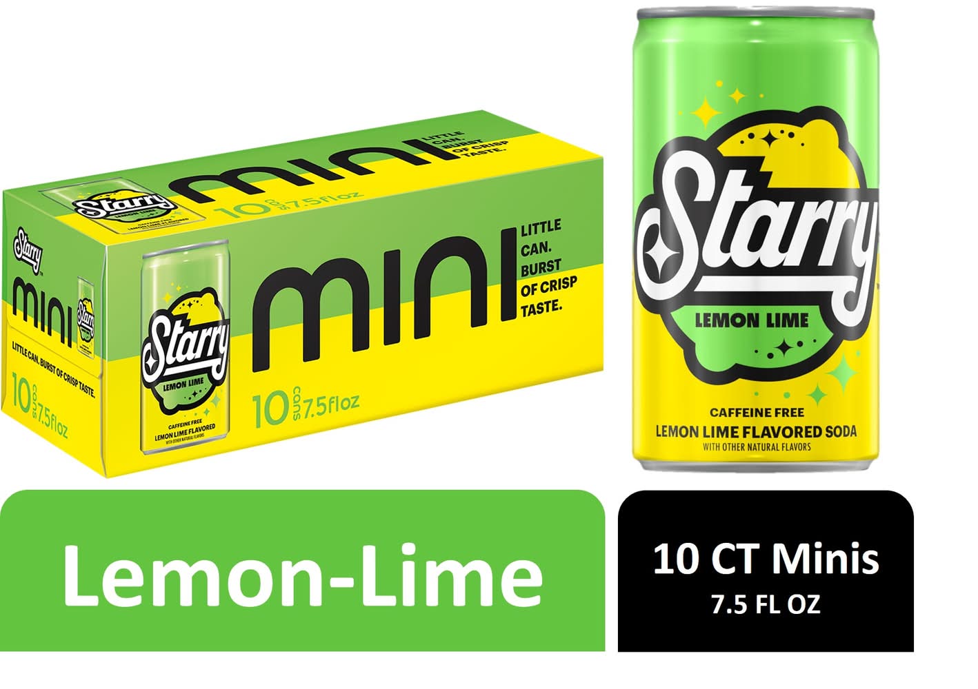 Starry Caffeine Free Minis Soda, Lemon Lime (10 x 7.5 fl oz)