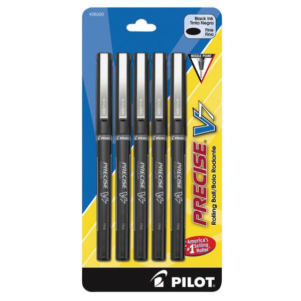 Pilot Precise V7 Liquid Ink Rollerball Pens, Fine Point, 0.7 Mm, Black Barrel, Black Ink, pack Of 5