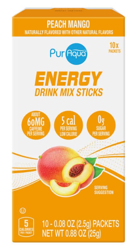 PurAqua Energy Drink Mix Sticks, Peach Mango (10 x 0.08 oz)
