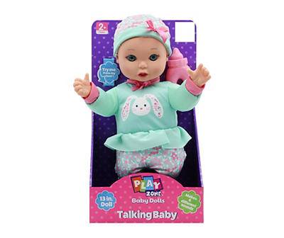 13" Teal Bunny Outfit Talking Baby Doll, Blue Eyes