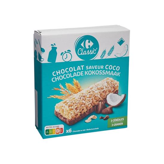 Barres chocolat noix de coco CARREFOUR CLASSIC' - la boite de 6 barres - 125g
