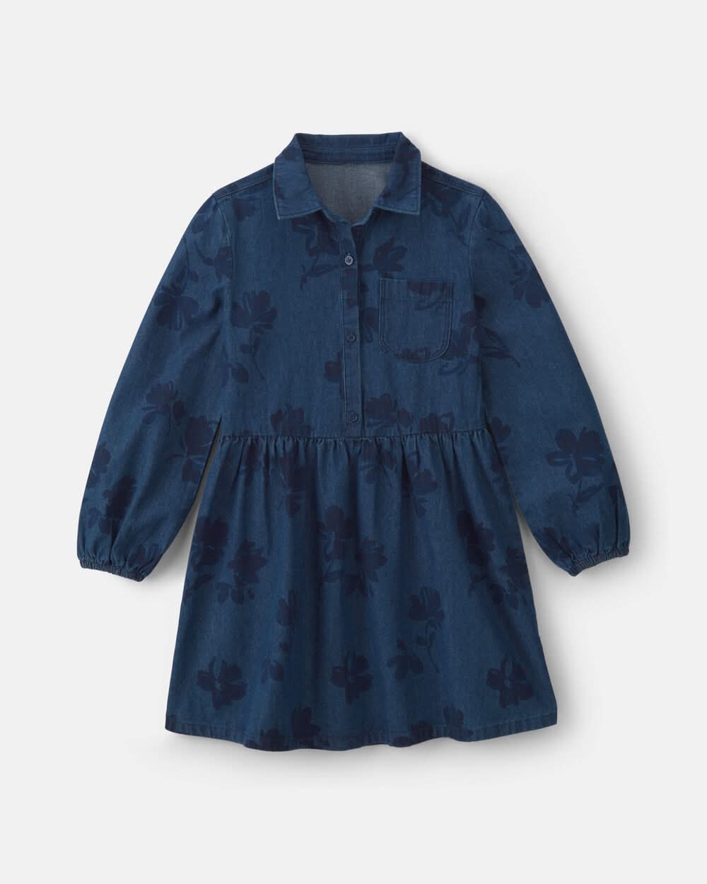 Girls Floral Denim Long-Sleeve Dress - Dark Wash - 5