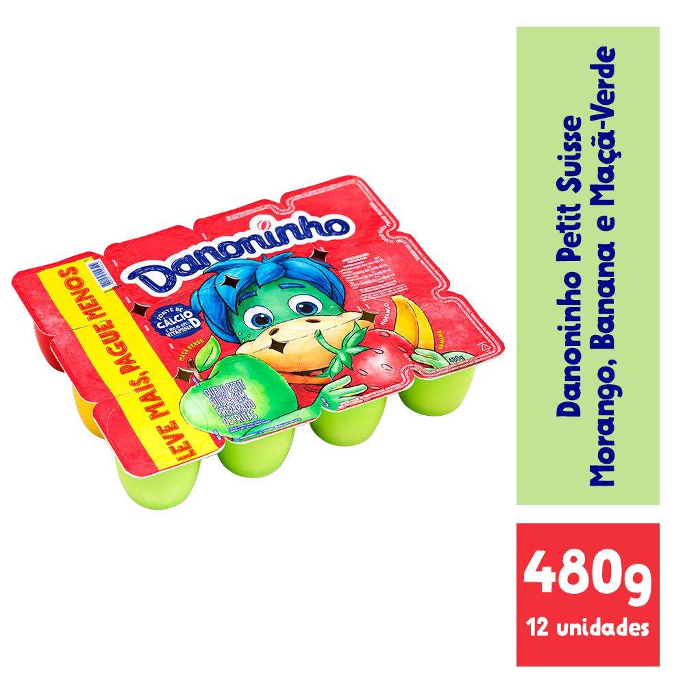 Danoninho petit suisse com preparado de banana, morango e maçã-verde (12 un)