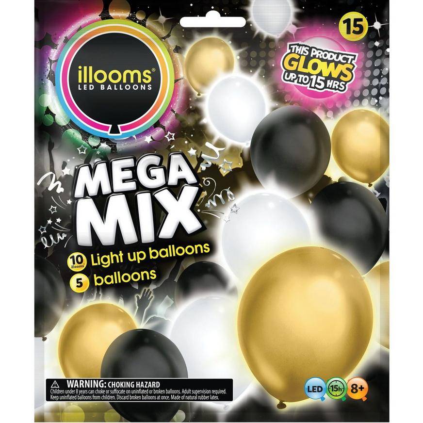 Uninflated 15ct, 12in, Illooms Light-Up Black, Silver Gold LED Balloons