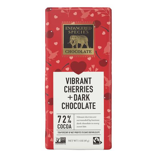 Endangered Species Chocolate Valentine's - Vibrant Cherries + Dark Chocolate 72% Cocoa, 3 oz