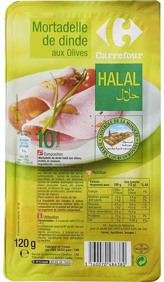 Mortadelle de dinde aux olives halal CARREFOUR SENSATION - les 10 tranches -  120g