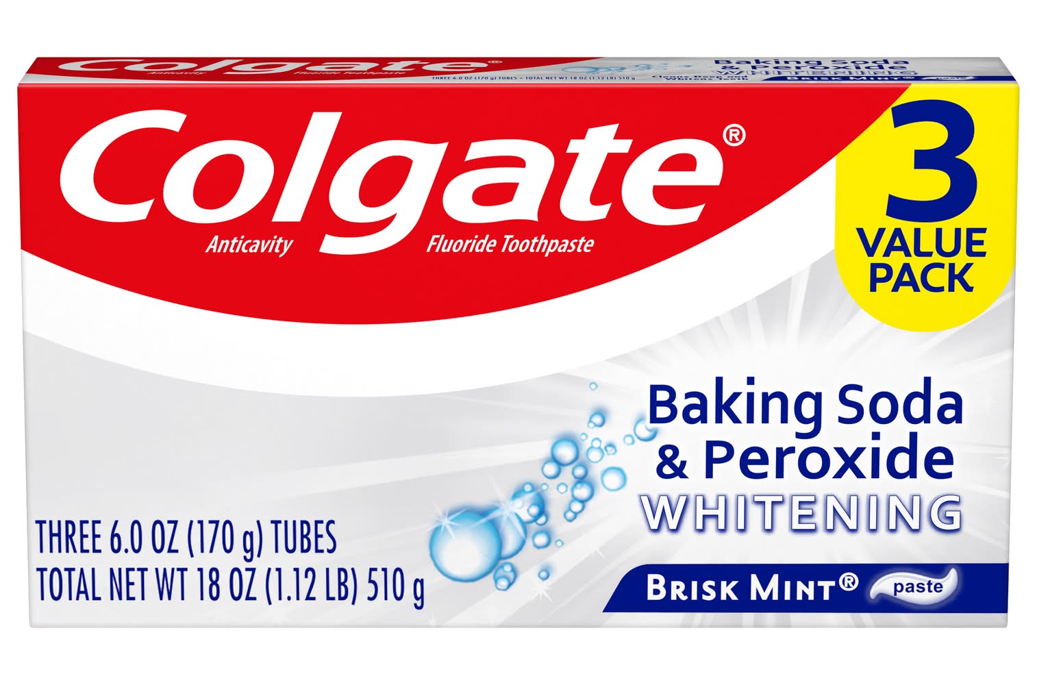 Colgate Anticavity Fluoride Whitening Toothpaste, Brisk Mint (18 oz, 3 ct)