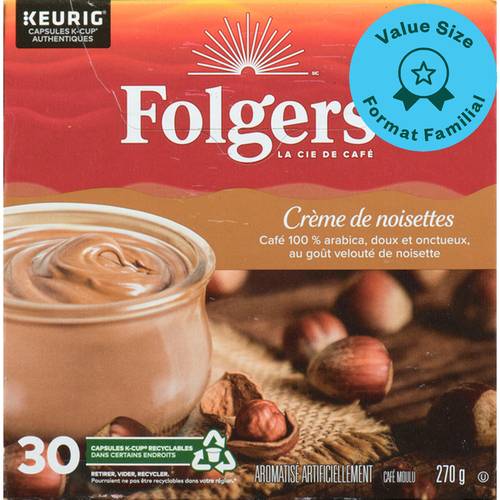 Folgers dosettes de café k-cup aromatisés (30 unités) (270 g) (crème de noisettes) - folgers hazelnut cream k cup coffee pods (270 g, 30 ct)