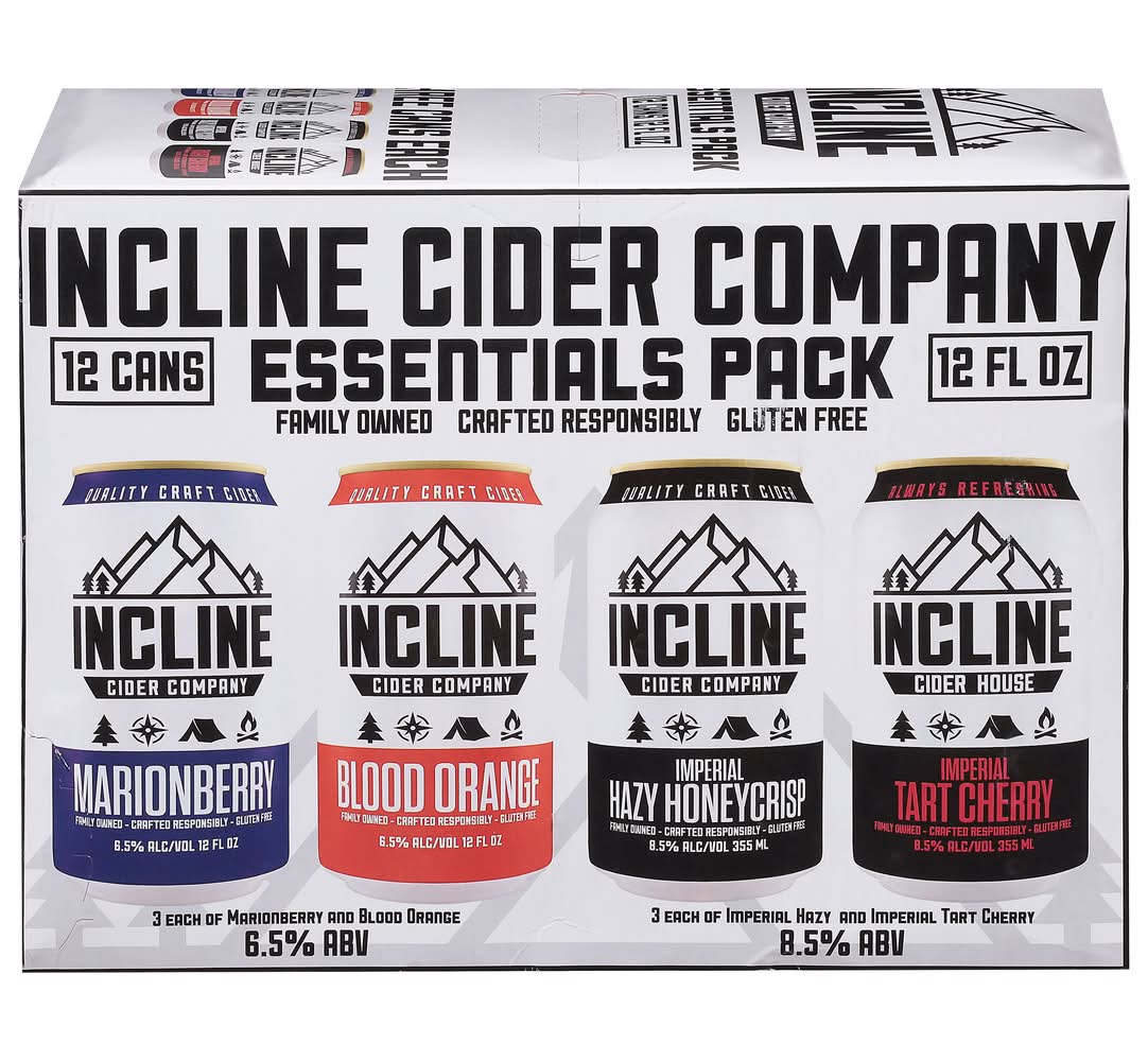 Incline Cider Company Essentials pack Cider, Marionberry-Blood Orange-Hazy Honeycrisp-Tart Cherry (12 x 12 fl oz)