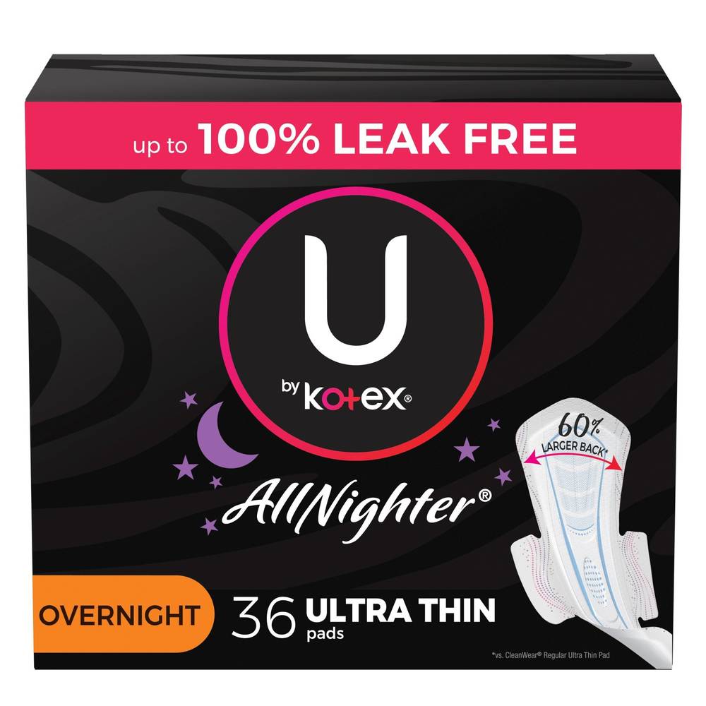 U by Kotex AllNighter Ultra Thin Overnight Pads with Wings, Fragrance-Free, 40 Count