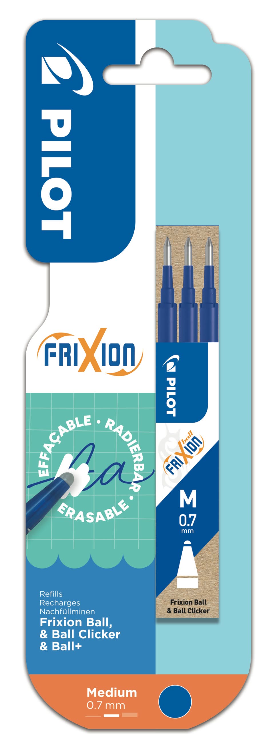 Pilot - Blister étui de 3 recharges frixion ball clicker moyen 1 bleu (10,85g)