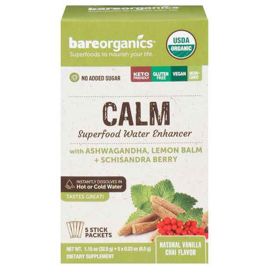 Bareorganics Superfood Water Enhancer Packets (5ct, 1.14 oz) (ashwagandha, lemon balm, schisandra berry, calm natural vanilla chai)