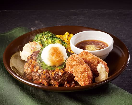 アンガスビーフ100％ステーキハンバーグ 和風ビネガーソース＆カキフライ