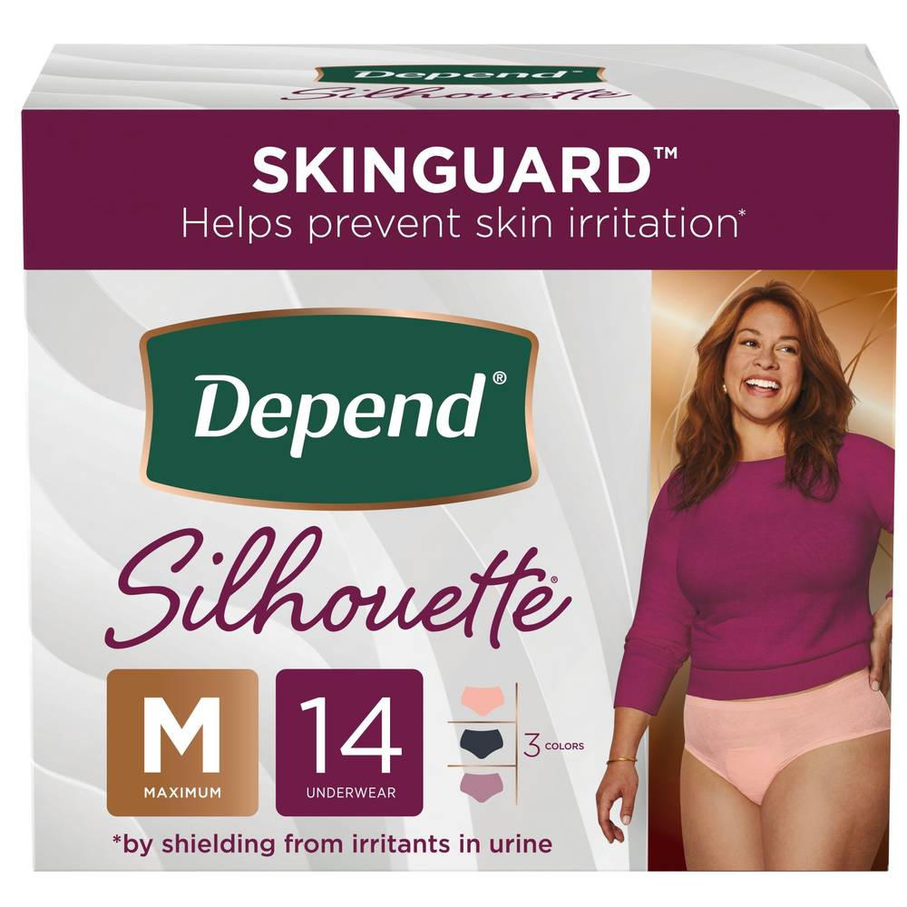 Depend Silhouette Adult Incontinence and Postpartum Underwear for Women Maximum Absorbency, Medium, Black Pink and Berry, 14 CT
