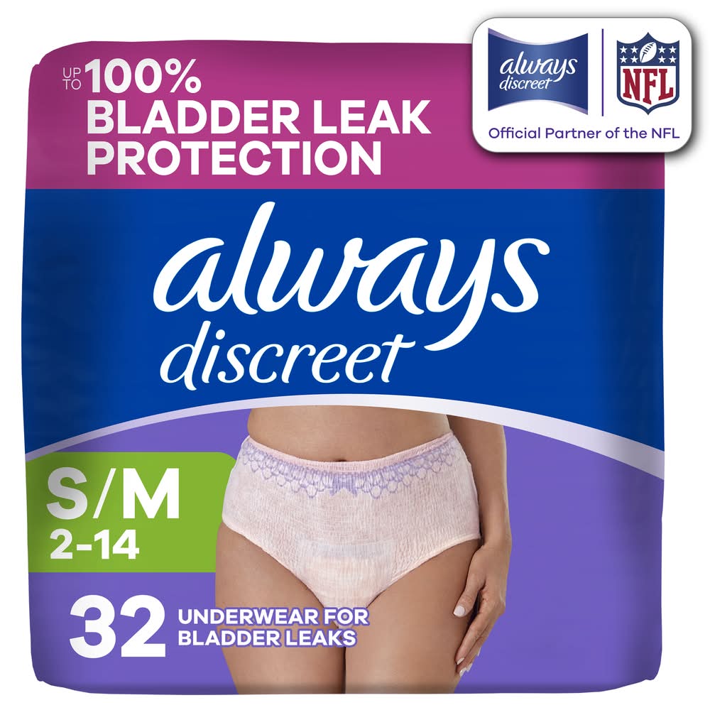 Always Discreet Adult Postpartum Incontinence Underwear, Women, S/M (32 ct)