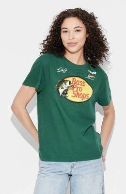 Women's Bass Pro Shop Short Sleeve Graphic T-Shirt - Green XL: NASCAR Cotton Knit Pullover, Crew Neck, Below Hip