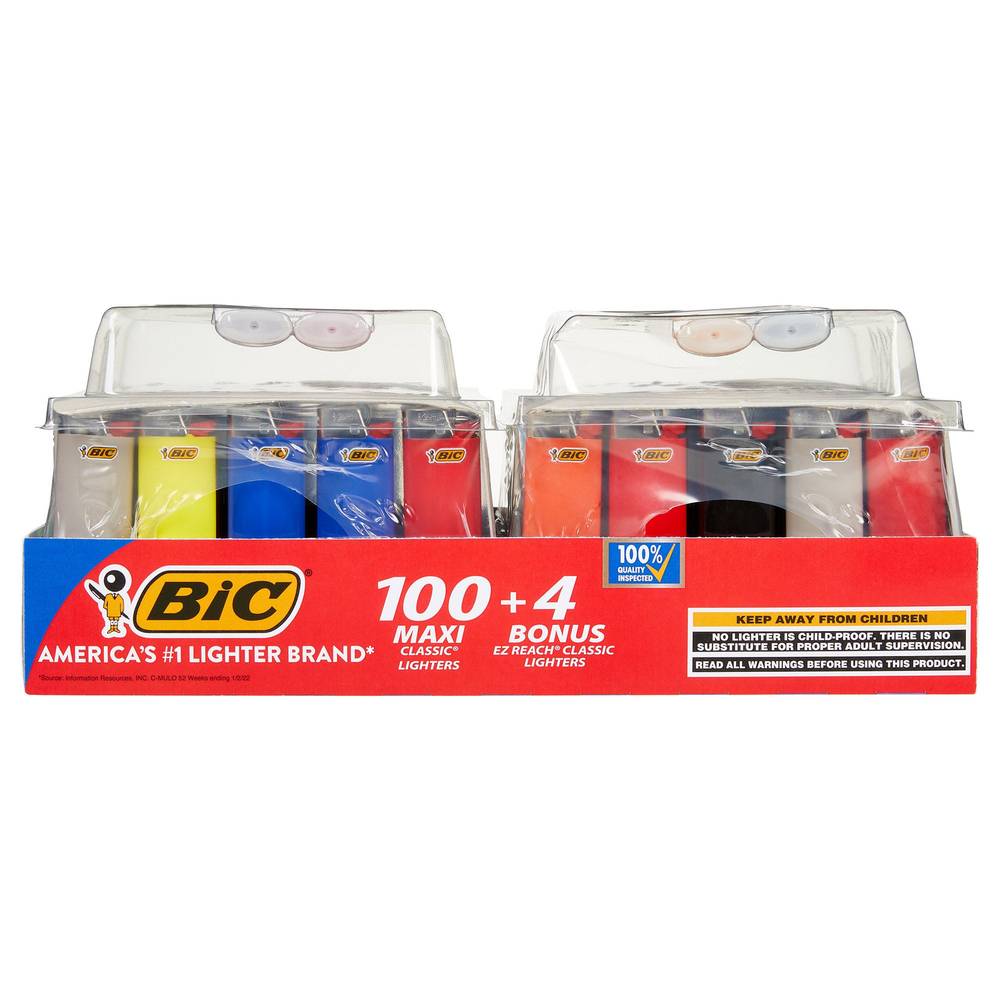 BIC Maxi Classic Lighters, 100-count + 4 Bonus EZ Reach Classic Lighters