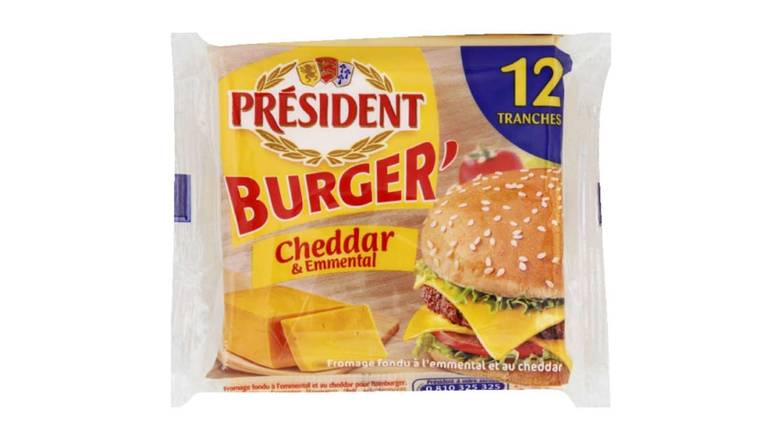 Président Fromage fondu Burger' Cheddar & emmental Le paquet de 12 tranches, 200g