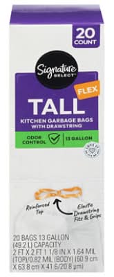 Signature Select Flex Tall Drawstring Kitchen Garbage Bags 13 Gal, 2ft x 2ft 1 1/8in x 1.64mil (20 ct)
