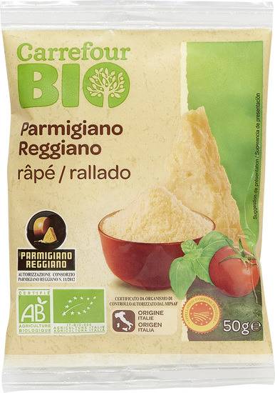 Fromage Râpé Bio Parmigiano Reggiano AOP CARREFOUR BIO - le sachet de 50g