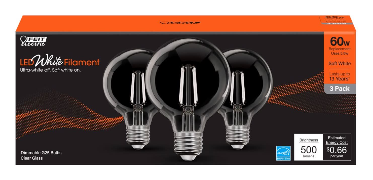 Feit White G25 E26 (Medium) Filament Led Bulb Soft White 60 Watt Equivalence 3 Pk