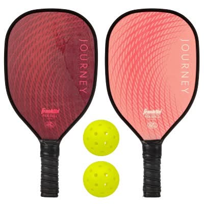 Franklin Sports 2 Player Wood Journey Pickleball Paddle and Ball Set in Mesh Bag, Pink-Burgandy (5 ct)