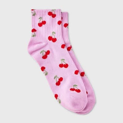 Lightweight Cherries Ribbed Ankle Socks, Women, 4-10, Pink-Red
