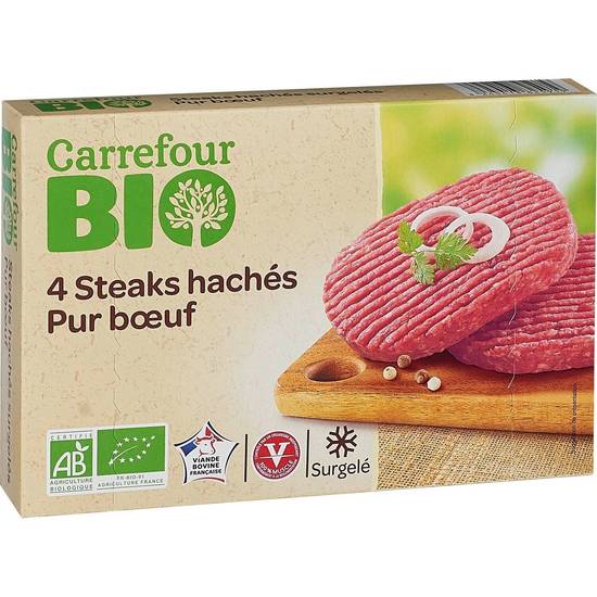 Carrefour Bio - Steak haché bio pur bœuf pièces (4 pièces)