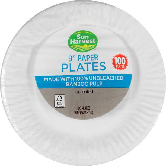 Sun Harvest 9 Inch Uncoated Bamboo Pulp Paper Plates (100 ct)
