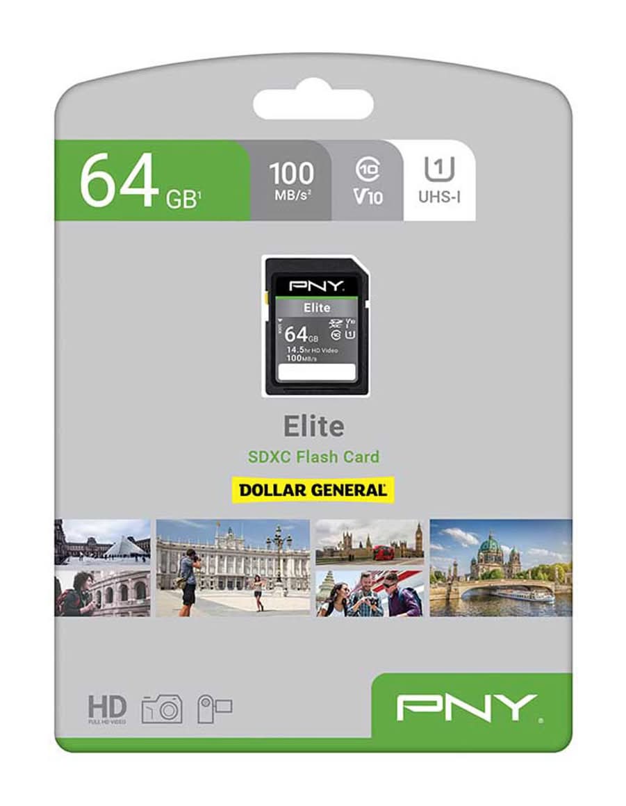Pny 64gb Elite Class 10 U1 V10 Sdxc Flash Memory Card - 100mb/S Read Class 10
