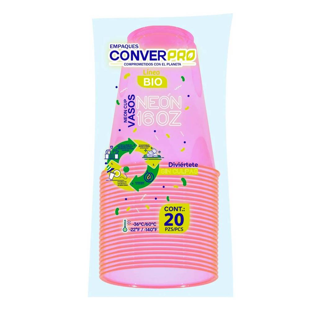 Conver vasos rosa neón 16 oz (20 un)