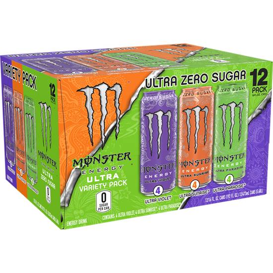 Monster Zero Sugar Ultra Voilet and Ultra Sunrise and Ultra Paradise Energy Drink (12 ct, 16 fl oz) (assorted)