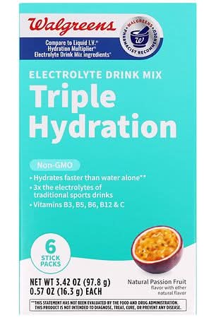 Walgreens Triple Hydration Electrolyte Drink Mix, Natural Passion Fruit (3.42 oz, 6 ct)