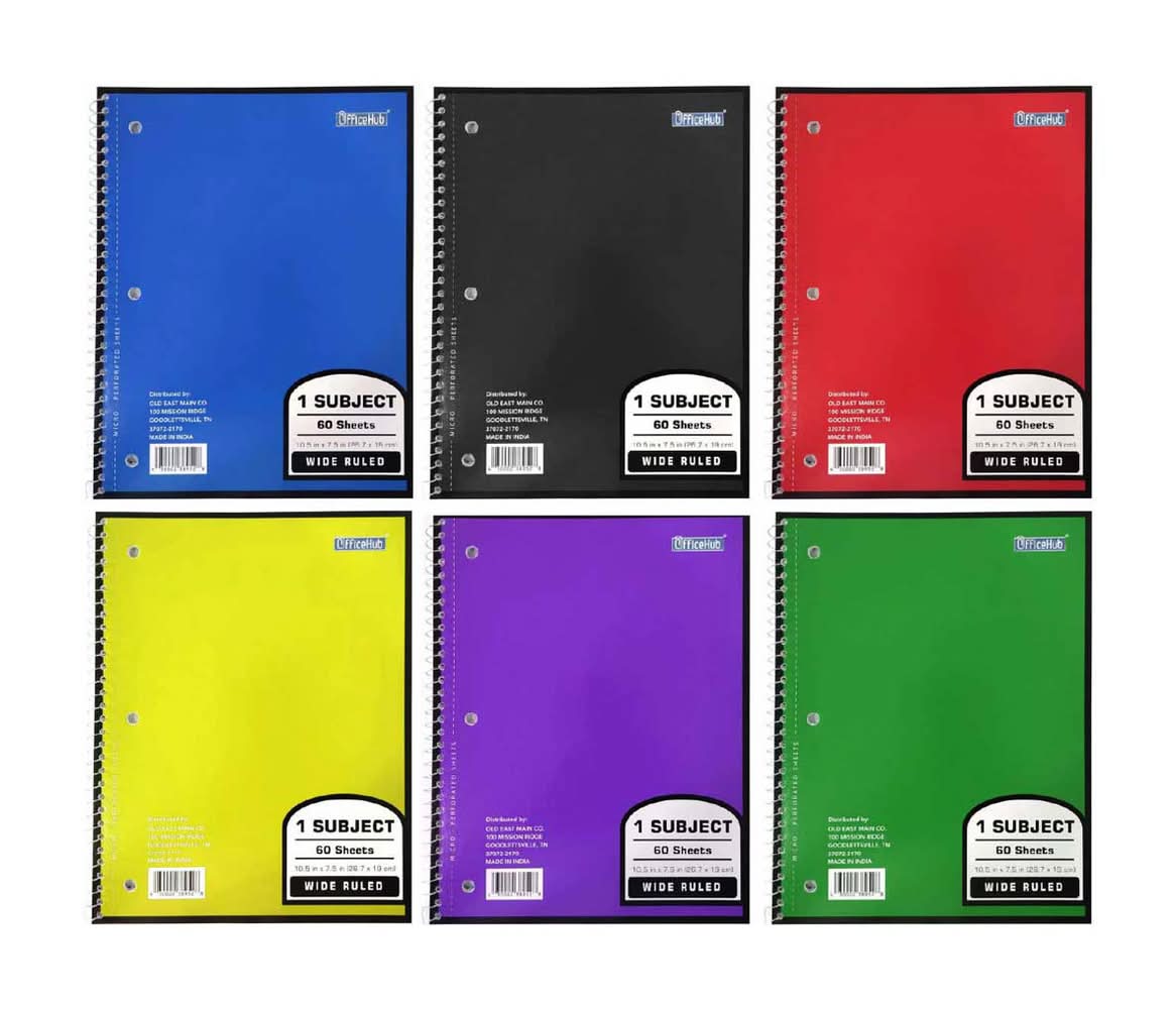 OfficeHub 1 Subject Wide Ruled Spiral Notebook, 10.5x7.5 in, Black (70 ct)