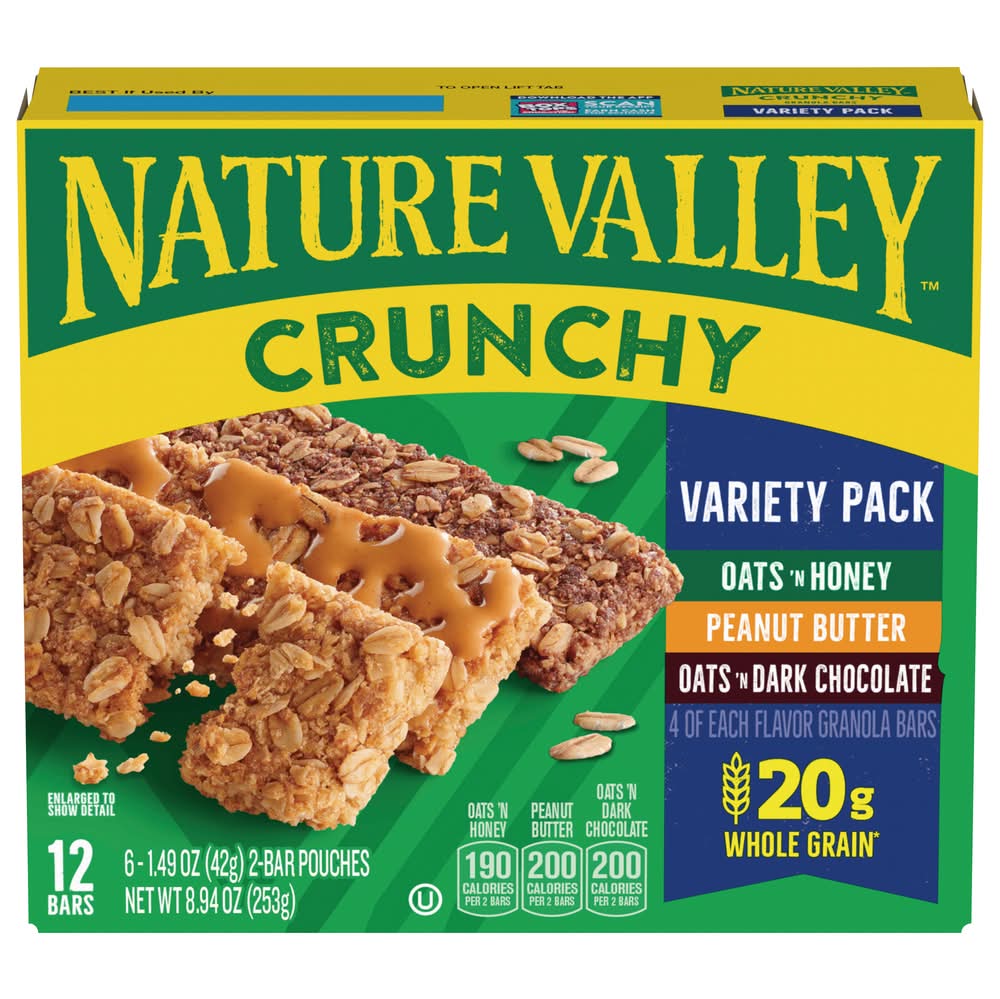 Nature Valley Crunchy Granola Bars Variety pack, Oats 'N Honey-Peanut Butter-Oat 'N Dark Chocolate (6 x 2 ct)
