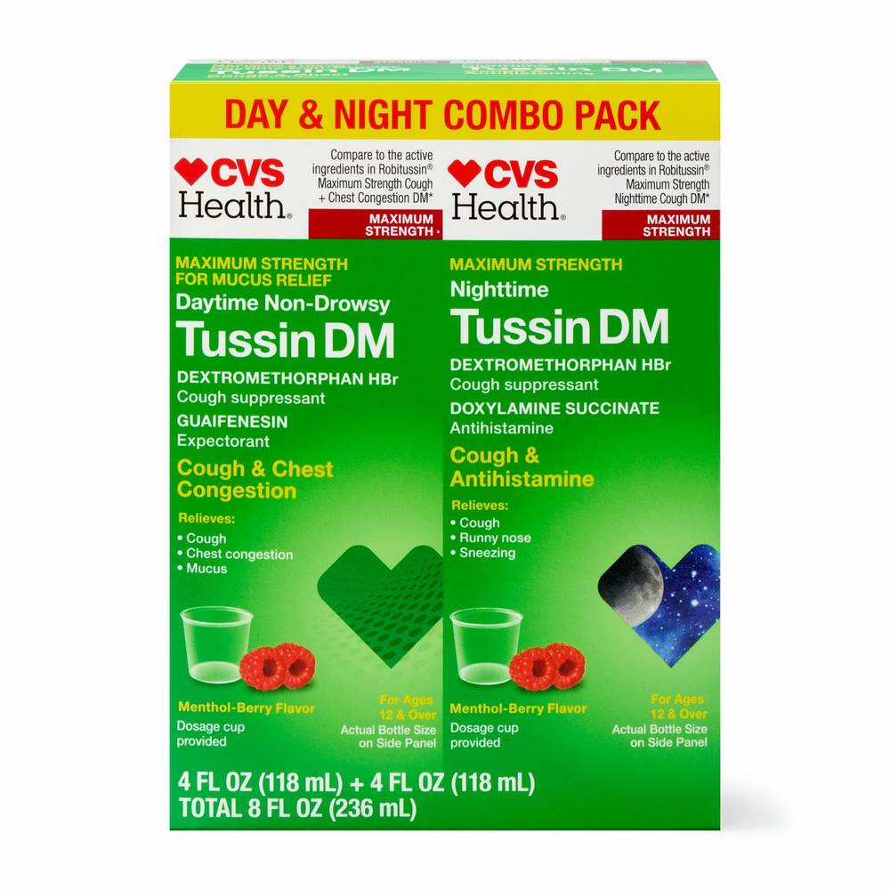 Cvs Health Maximum Strength Day + Nighttime Tussin Dm Cough And Chest Congestion Combo Pack, 2 4 Oz Bottles